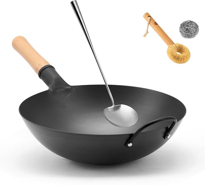 WANGYUANJI 14.2 Inch Round-Bottom Iron Wok and Cast Iron Wok Ring for Gas Stove, 8.3" Non-Slip Wok Support Rack