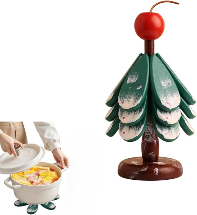 Christmas Tree Trivet,Wooden Tree Trivet Set of 4 Wooden Trivets & 1 Stand Like a Christmas Tree, Foldable Kitchen Wooden,for Hot Dishes Pot Bowl Teapot Hot Pot Holder (Cherry 3pair)