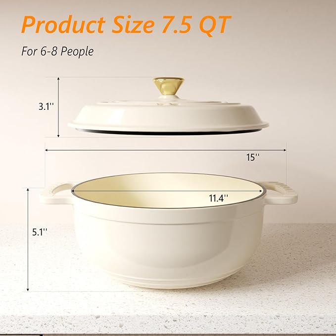 ROVSUN Enameled Cast Iron Round Dutch Oven, 7.5QT Pot with Lid &Dual Handles with Silicone Gloves,Oven Safe up to 500°F, Heavy-Duty Pre-Seasoned Cookware for Bread Baking, Braising, Stews, Roasting,Cream White