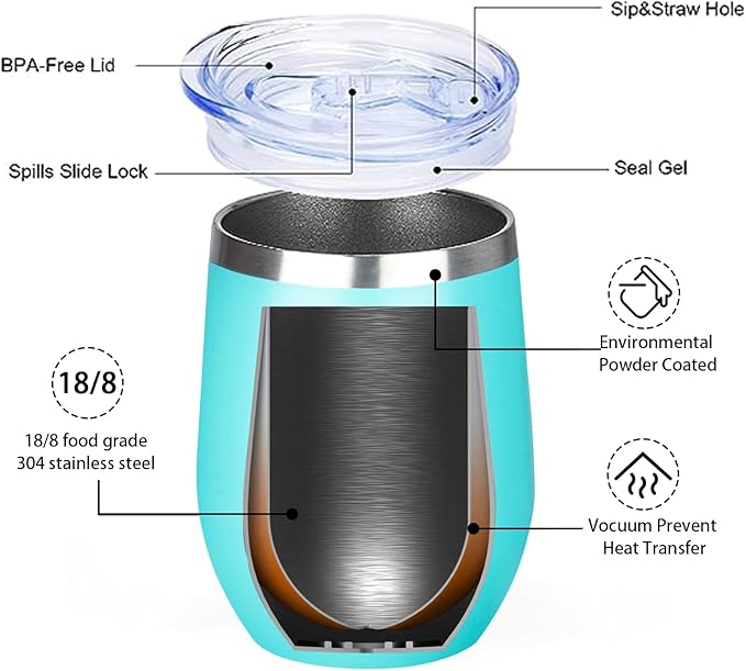 MEZMUT 12 Oz Insulated Wine Tumbler with Lid Double Wall Vacuum Stainless Steel Wine Glass Coffee Mug Insulated Tumbler Cup for Champaign, Cocktail, Beer (Teal, 1 Pack)