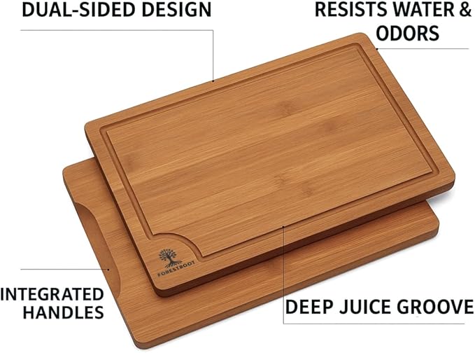 Bamboo Cutting Board Set – 3-Piece Wooden Kitchen Boards for Meal Prep & Serving – Durable Bamboo with Deep Juice Groove & Side Handles – Great for Meat, Vegetables & Charcuterie(Brown)