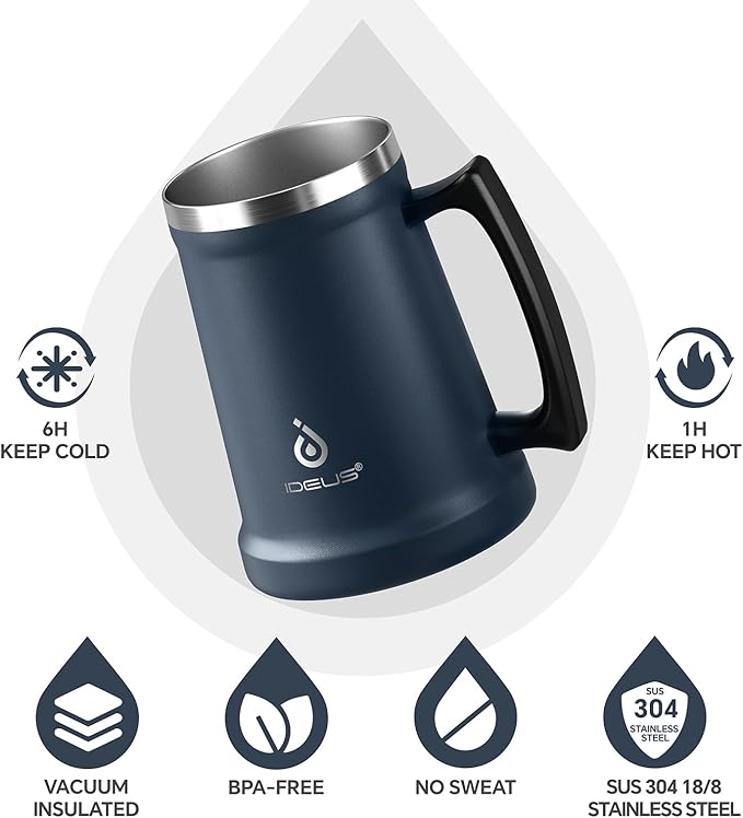 Ideus Insulated Beer Stein, 24/32oz Stainless Steel Double Walled Beer Mug Giant Bar Drinkware Metal Beer Cup with Big Grip Handle (Navy Blue, 34oz (1,000ml))