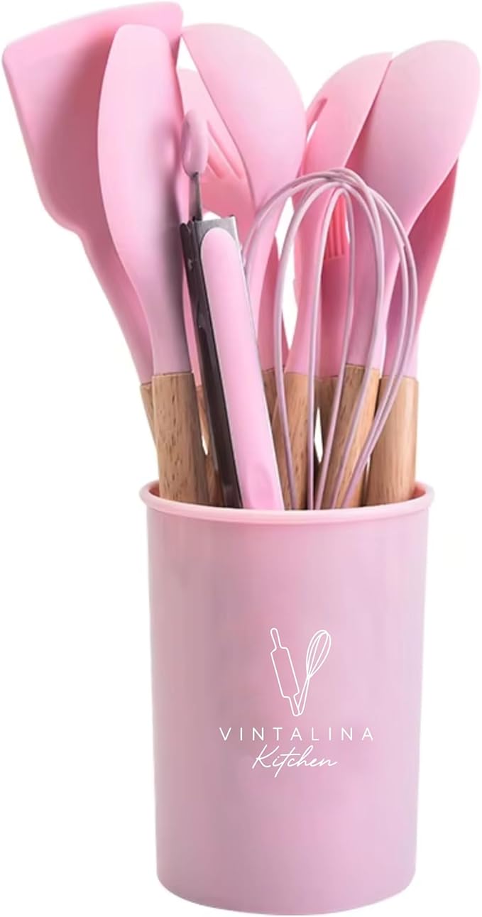 Silicone Cooking Kitchen Utensils Set – BPA‑Free, Non‑Toxic, Non-Stick, Heat‑Resistant to 446 °F, Non‑Scratch Wooden Handles + Utensil Holder (Pink)
