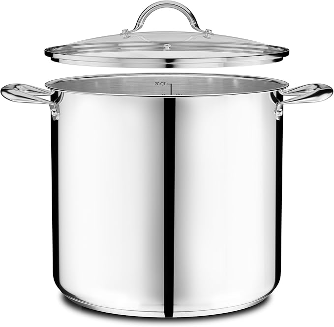 Stainless Steel Stockpot with Tempered Glass Lid 20 Quart, Durable 18/0 Stainless Steel, Impact-Bonded Base for Even Heating, Riveted Handles, Oven & All Stove Compatible, Safe Up To 500°F (260°C)