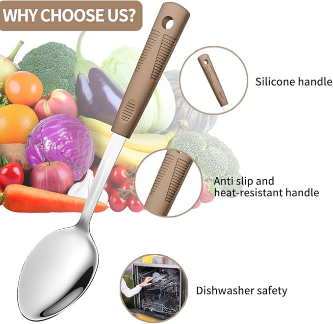 Stainless Steel Serving Spoon & Slotted Spoons Set, with Non-Slip Silicone Handles,2-Piece Metal Serving Spoons, Slotted Metal Spoon for Home Kitchen, Parties & Daily Use-brown