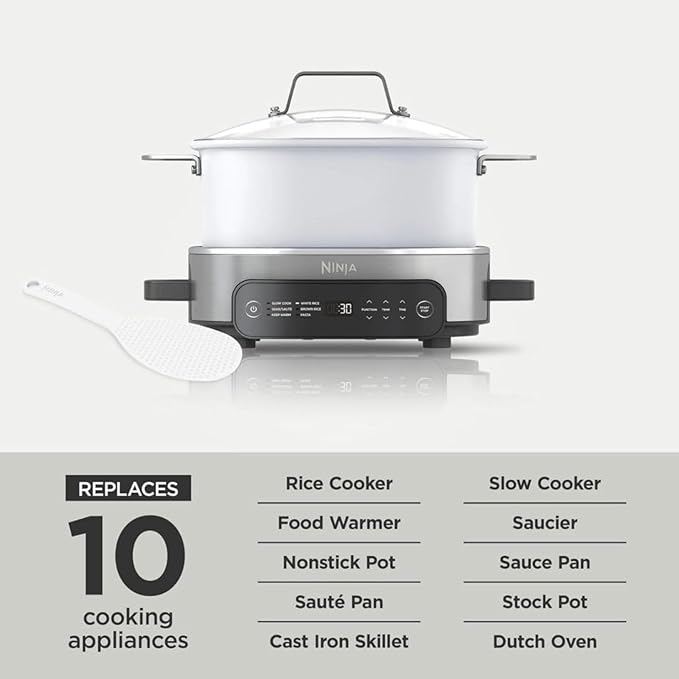 Ninja Foodi PossibleCooker PRO MC1000 8.5Qt Multicooker 8 in 1 Slow Cooker, Dutch Oven, Steam Bake Roast Sear Sauté Bread Maker Warmer, Glass Lid, Integrated Spoon, Nonstick (White)