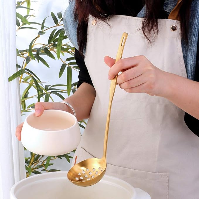 Buyer Star 2 Pcs Soup Ladle Colander, Gold Cookware Serving Long Handle Steel Slotted Spoon Cooking Utensil Set for Hotpot