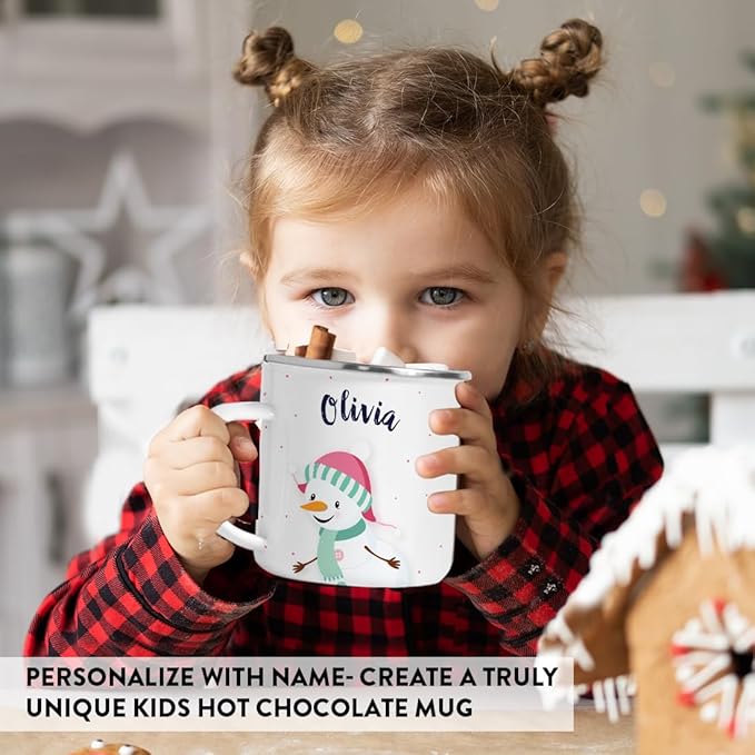 Andaz Press Personalized Name 11oz. Kids Christmas Hot Chocolate Stainless Steel Campfire Coffee Mug, Charming Snowman Aqua Scarf, 1-Pack, Custom Birthday Xmas Cup Kids Mugs For Hot Chocolate