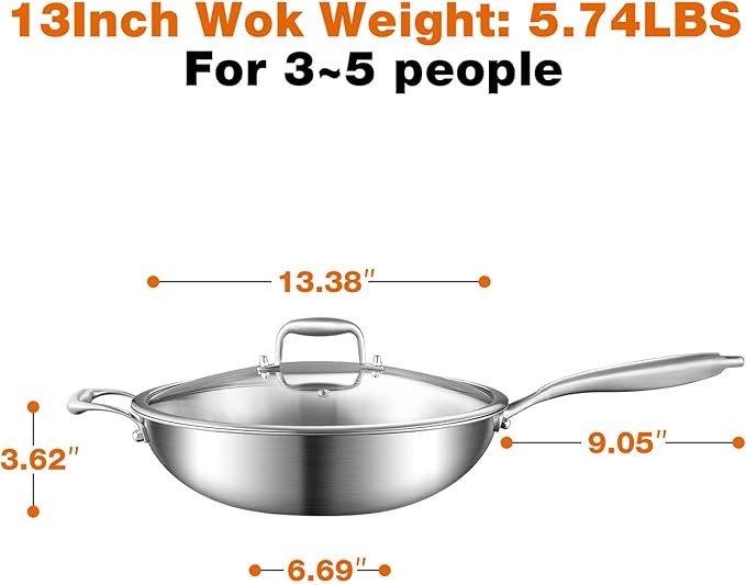 DELARLO Woks & Stir-Fry Pans, 13 in Stainless Steel Pan with Lid, With Side Ear, Large Cooking Surface, Tri-Ply Stainless Steel Wok Pan, 3 Layer Stainless Steel Saute Pan, Works on Induction, 600℉