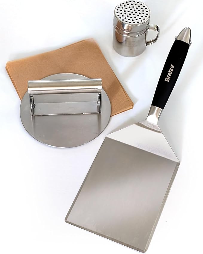 Smash Burger Press Kit, Stainless Steel Burger Press - Heavy Duty Grill Tools for Smashburgers, Flat Top Griddles, Cast Iron Pans, BBQ Accessories for Home Chefs (Shaker Set)
