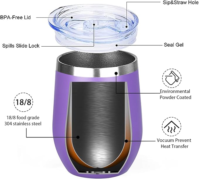 MEZMUT 12 Oz Insulated Wine Tumbler with Lid Double Wall Vacuum Stainless Steel Wine Glass Coffee Mug Insulated Tumbler Cup for Champaign, Cocktail, Beer (Purple, 4 Pack)
