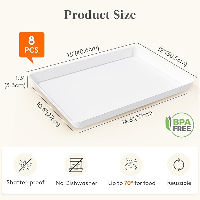 Lifewit 8 Pcs Plastic Serving Tray for Party Supplies, 16" x 12" White Trays for Serving Food, Reusable Extra Large Platter for Buffet, Fruit, Dessert, Veggie, Holiday Christmas Essentials, Rectangle