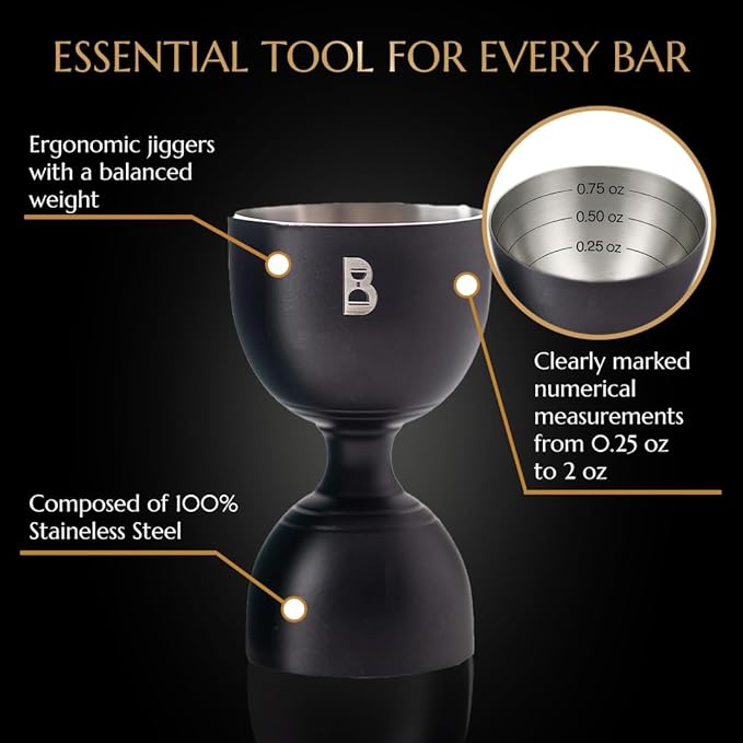 Double Bell Jigger by Bull In China - 0.25oz to 2oz Measures for Cocktails, Bars & Bartenders (Matte Black)