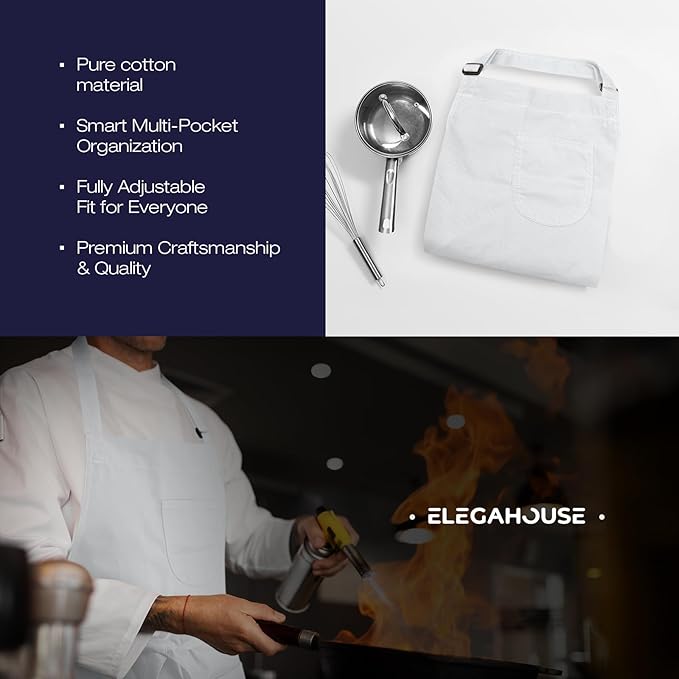 Unisex Apron with Pockets for Cooking, Salon & Art - 100% Cotton Adult Kitchen, Chef, Stylist Apron (White)