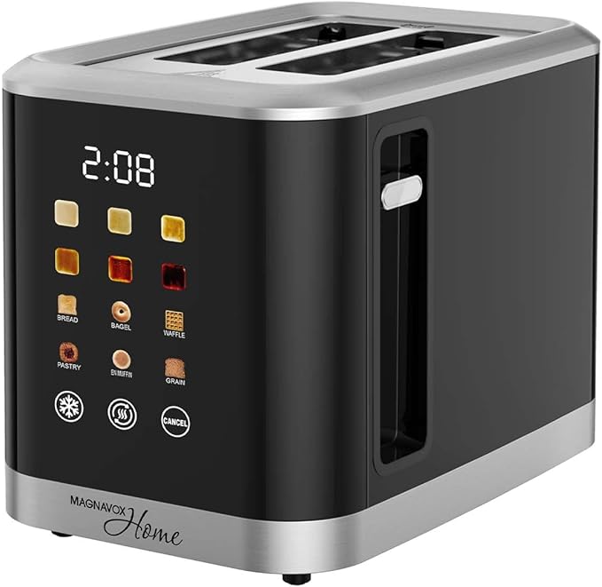 MAGNAVOX HOME, 2 Slice Smart Toaster, Touchscreen, Wide Slot for Bread, English Muffins, Croissants, and Bagels, 5 Adjustable Toast Settings, Cancel and Defrost, 6 Bread Types & Shade Settings