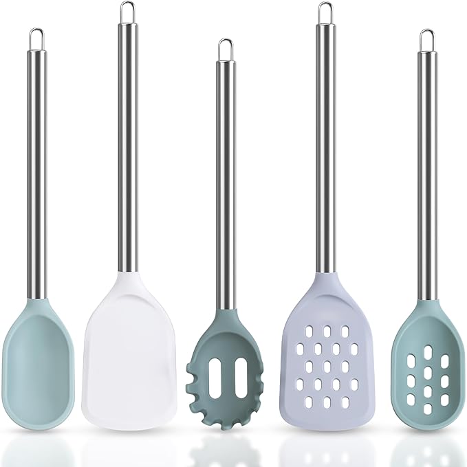 5-Piece Silicone Kitchen Utensil Set – Heat-Resistant, BPA-Free Cooking Tools with Stainless Steel Handles – Nonstick Safe Turner, Spoons, Pasta Server & Spatula – Dishwasher Safe
