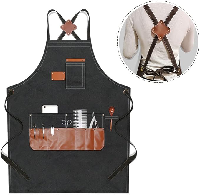 boshiho Aprons for Men Women - Chef Apron with Pockets Adjustable Cross Back Straps for BBQ Hairstylist Gardening Baking (Canvas Black)