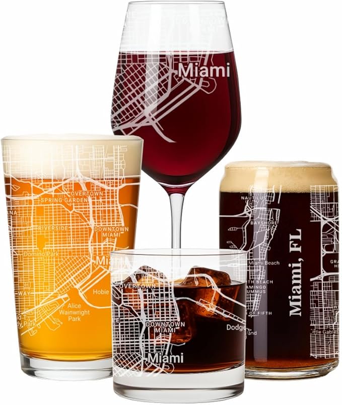 Blue Ridge Mountain Gifts - Miami Souvenir - Florida Glassware Gift, Etched City Map, Laser Engraved and Dishwasher Safe