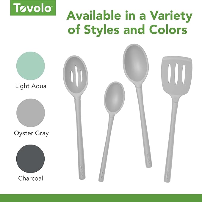Tovolo Flex-Core Non-Stick All Silicone Slotted Deep Spoon Kitchen Utensil for Scooping and Serving – Heat-Resistant, Dishwasher Safe & BPA Free - Oyster Gray