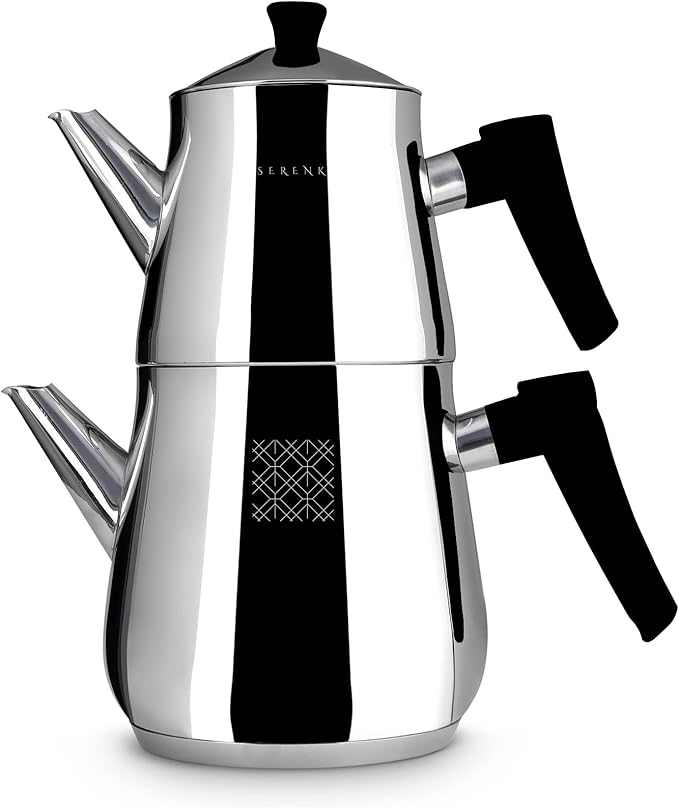 Serenk Definition Stainless Steel Teapot Set, 1L Teapot & 2L Lower Pot, Double-Stacked Design, Induction Compatible, Mirror Polished Finish, Tea Kettle for Home