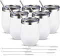 12oz/6 Pack Wine Tumbler Glasses with Lid Stemless Double Wall Vacuum Stainless Steel Travel Tumbler Keeping Cold & Hot for Wine,Coffee,Cocktails,Christmas Drinks-Family and Gifts (White)