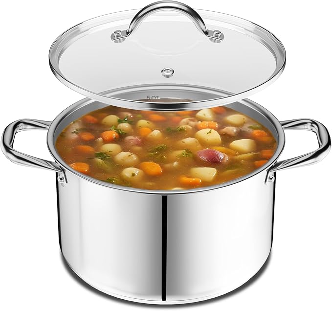 Stainless Steel Stockpot with Tempered Glass Lid 5 Quart, Durable 18/0 Stainless Steel, Impact-Bonded Base for Even Heating, Riveted Handles, Oven & All Stove Compatible, Safe Up To 500°F (260°C)