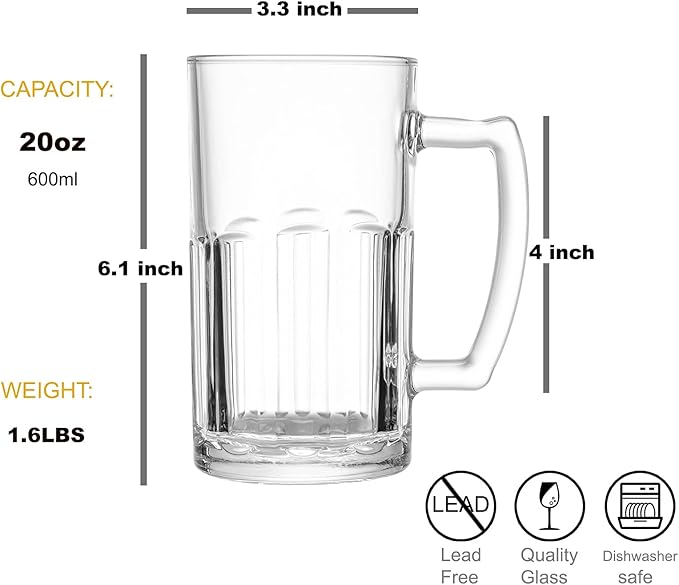 COKTIK 8 Pack Heavy Large Beer Glasses with Handle - 20 Ounce Glass Steins, Classic Beer Mug glasses Set