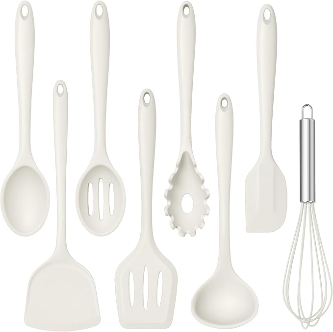 TeamFar 8 PCS Silicone Cooking Utensils - 446°F Heat Resistant Kitchen Silicon Utensils Set, Turner, Spatula, Spoon, Whisk, Kitchen Cooking Gadgets Tools for Nonstick Cookware, Dishwasher Safe-White