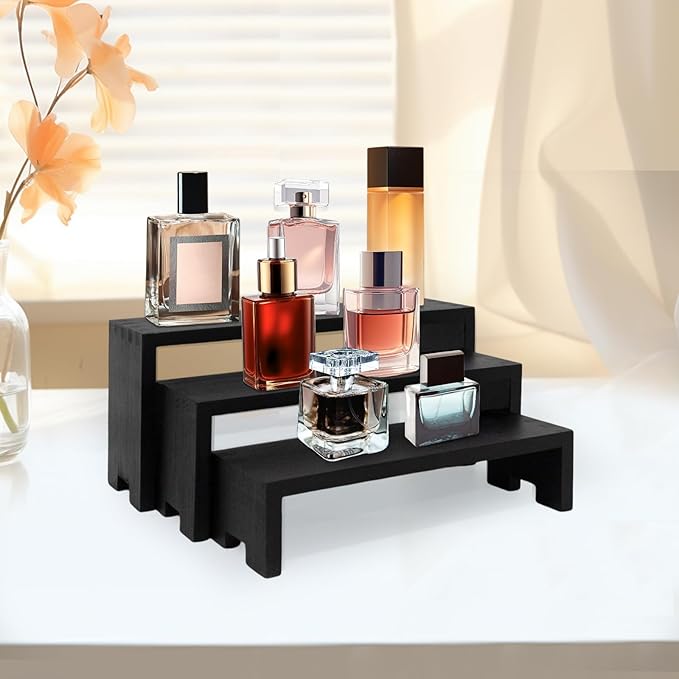 12Pcs Black Display Riser Wood Risers Cupcake Stand 3 Tier Racks Decorative Rectangular, 4 Set Cologne Perfume Organizer Dessert Stands for Vendors Event