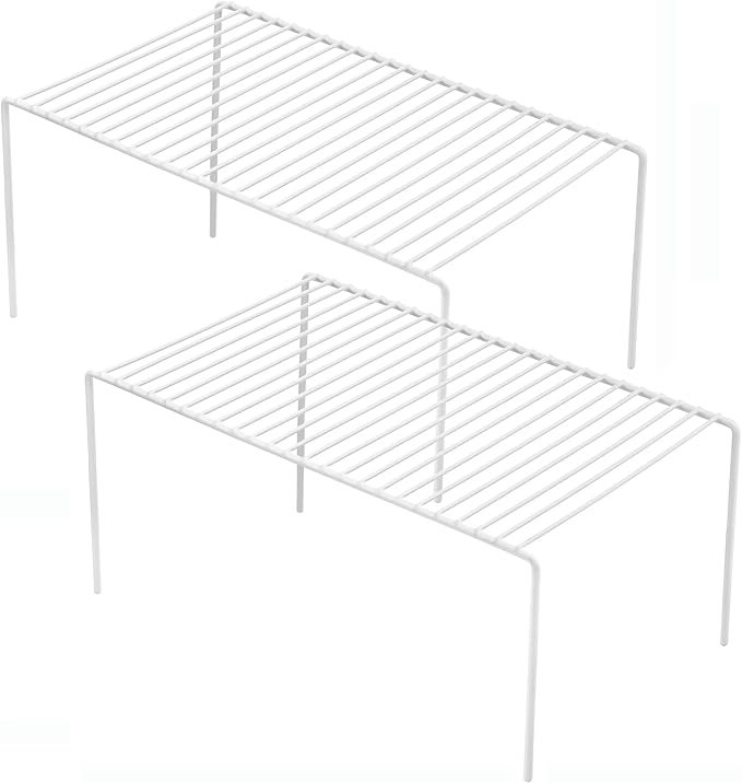 iPEGTOP Set of 2 Kitchen Cupboard Organiser Shelf, Small Size 10.6 x 5.1 Inch Freezer Cabinet Organization Storage Shelf Wire Rack, Steel Metal Shelves for Fridge Pantries Countertops Utensils -White