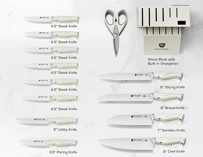 BRODARK Kitchen Knife Sets with Block and Built-in Sharpener - 15 Pcs Full Tang Professional Chef Knife Set - NSF Certified Food Grade Stainless Steel Cutlery Set - Ivory Series for Christmas Gift