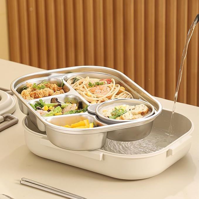 Bento Box Adult Lunch Box 304 Stainless Steel Portable Leakproof Lunch Food with Chopsticks Spoon Soup Bowl Large Capacity Sealed 1500ML (White-5 Compartments, 10.23IN*6.69IN*2.76IN)