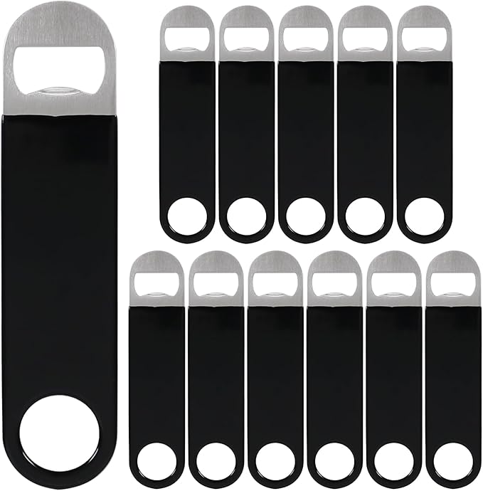 12 Packs Black Stainless Steel Flat Beer Openers, Speed Openers, Black