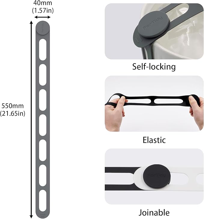 FORTIDY Silicone Utility Strap for Slow Cooker Lid, Pot, Bento Box, 21.65 In Reusable Elastic Self-Lock Silicone Tie for Bundling or Organizing Curtain, Cords, Yoga Mat, Camping Mat, 2pcs (Gray&White)
