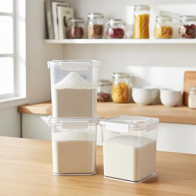 Plastic Containers With Lids for Food, 3Pcs Airtight Food Storage Containers for Pantry, Flour and Sugar Containers Set, BPA Free Clear Stackable Kitchen Storage Bins for Home,Pantry