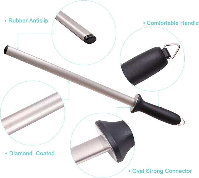 Diamond Sharpening Steel, Kitchen Knife Sharpener, Professional Chef Honing Rod, Oval 600#, 12inch Length , Fits all kinds of Knives, Home Premium