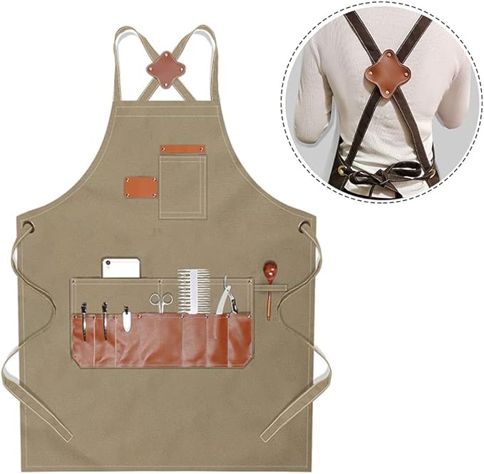 boshiho Barber Shop Apron with Pockets Arist Painting Beauty Salon Aprons for Women/Men Utility Work Apron (Canvas Khaki)