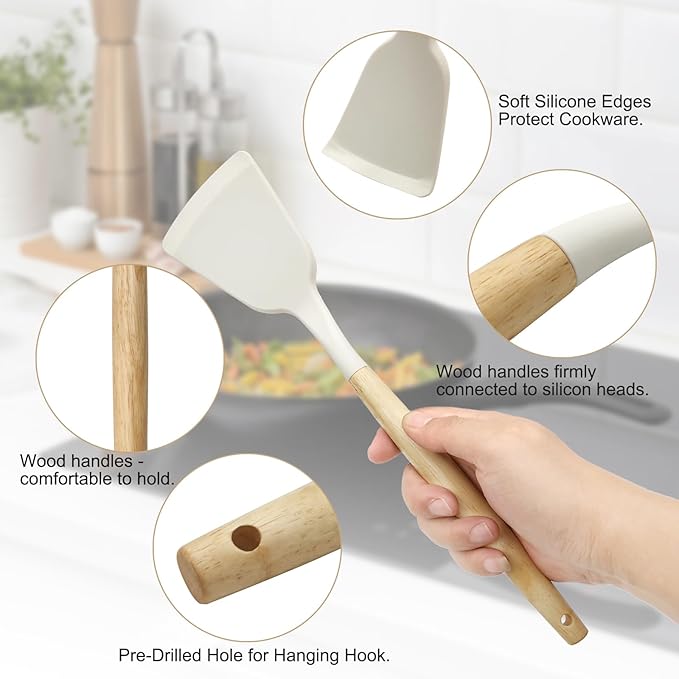 Kitchen Utensils Set of 12, Silicone Cooking Utensils with Non-Slip Wooden Handle and Organizer Bucket, 446°F Heat Resistant Cookware Utensils Set (Cream White)