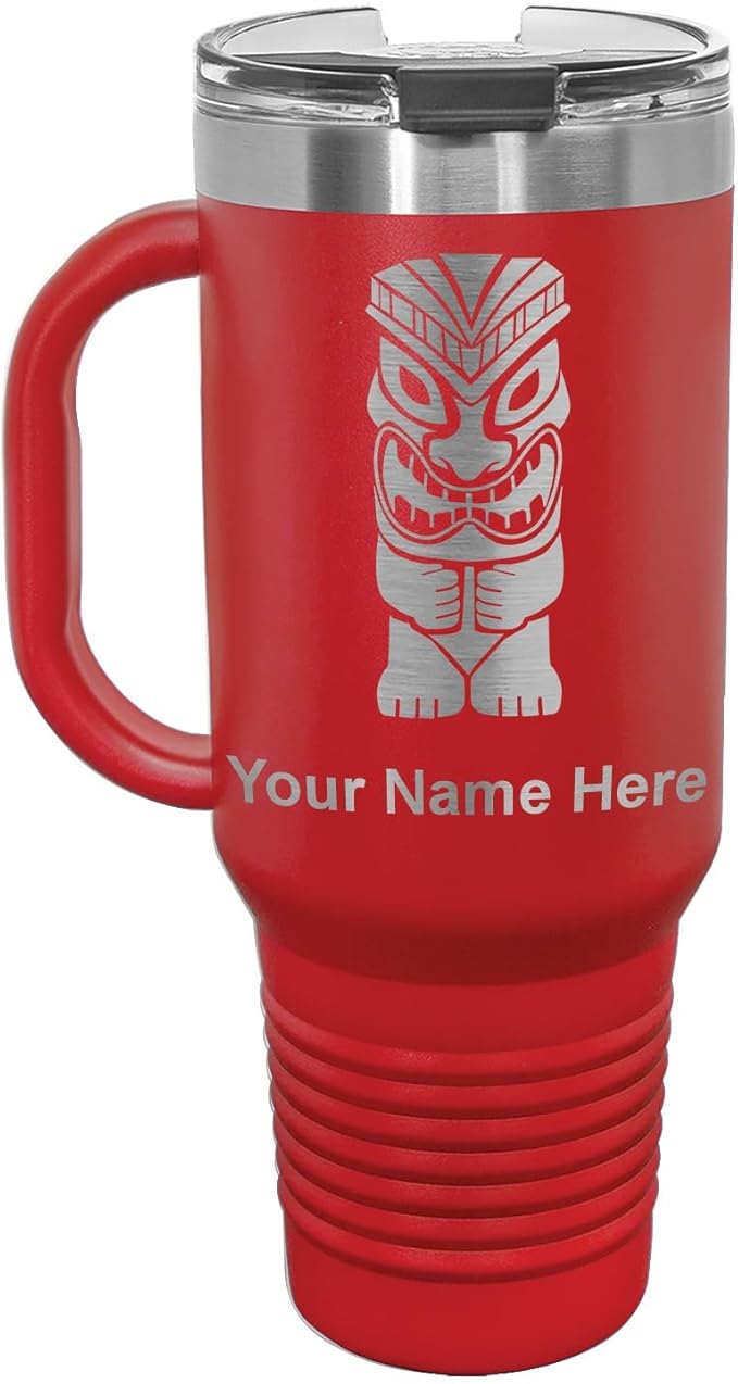 LaserGram 40oz Vacuum Insulated Travel Mug with Handle, Tiki Statue, Personalized Engraving Included (Red)