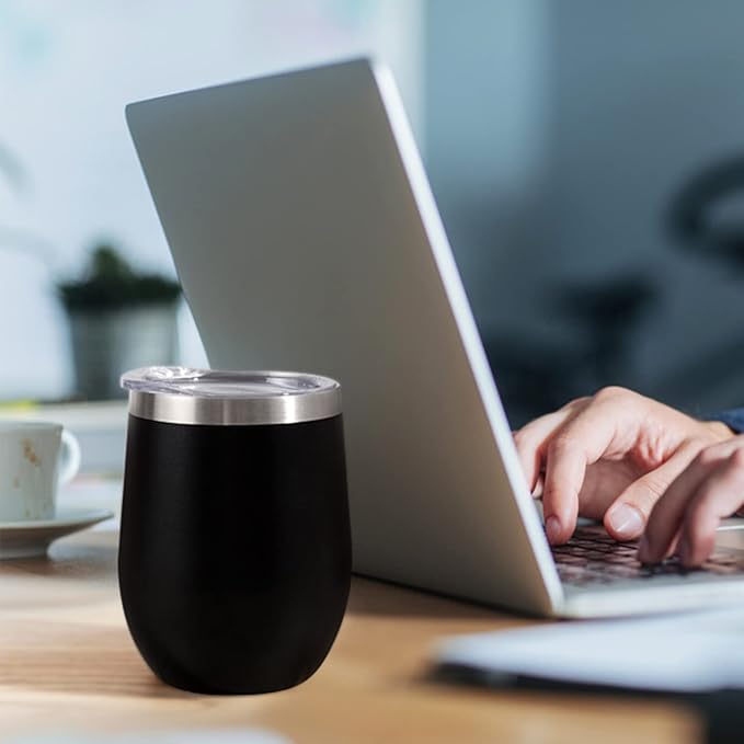 12 oz Insulated Wine Tumbler with Lid and Straw,Stainless Steel Stemless Wine Tumbler Glasses Double Wall Vacuum Wine Cups Tumbler Bulk for Coffee,Champaign,Cocktail（Black,1）