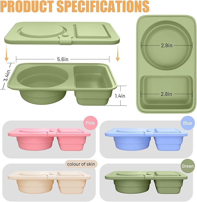 4 Pack Reusable Snack Containers with Lids, Silicone Double Compartment Snack Box Container, Small Mini Snack Pack Containers for Travel, Picnic, Work