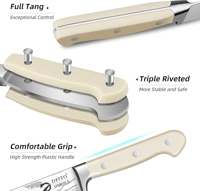 Dfito Chef Knife Set with Roll Bag, 9 Piece Professional Stainless Steel Japanese Kitchen Knife Set with Ergonomic Handle for Professional Chef, Dishwasher Safe, Camping, Travel, BBQ, RV or Gift Beige
