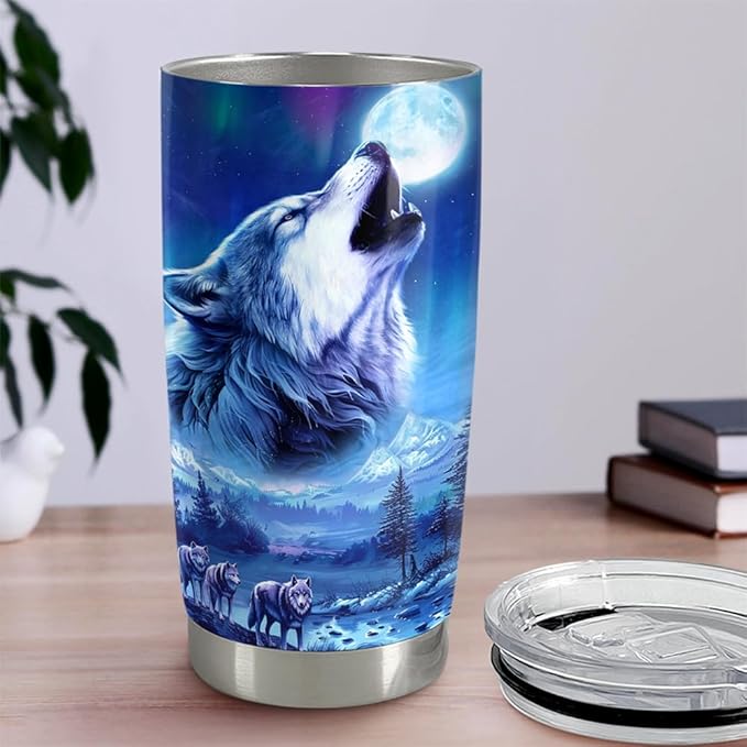 SANDJEST Wolf Tumbler 20oz Stainless Steel Insulated Coffee Cup Tumblers Wolf Gifts for Men Husband Dad Gift for Birthday Christmas Fathers Day