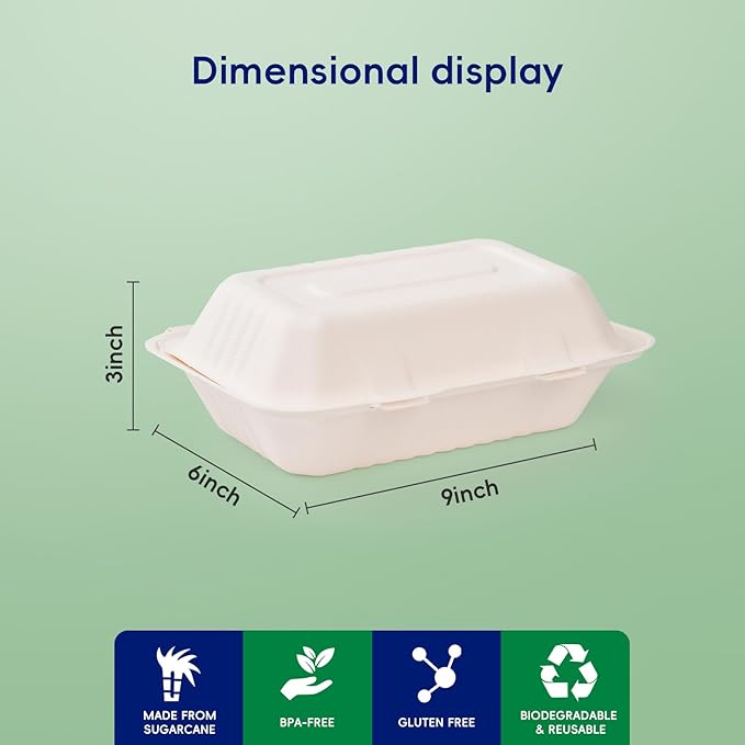 JOLLY CHEF Clamshell Take Out Food Containers, [9 * 6" 75-Pack] To Go Containers Disposable, Sugarcane To Go Boxes for Salad,Lunch
