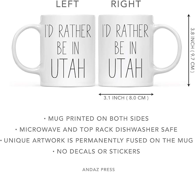 Andaz Press U.S. State 11oz. Coffee Mug Gift, I'd Rather Be in Utah, 1-Pack, Long Distance College Going Away Study Abroad Birthday Christmas Gifts