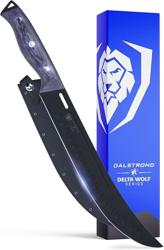Dalstrong Butcher Knife - 10 inch Delta Wolf Series - Ultra-Thin Zero Friction Blade - HC 9CR18MOV Steel - Black Titanium Nitride Coating - Breaking Knife - G10 Camo Handle - Leather Sheath