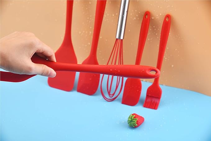 Gullor Silicone Kitchen Utensils Baking Tool Set, Cooking Spoon, Spatula, Whisk, Brush, Scraper, 6 Pieces in Set, Red