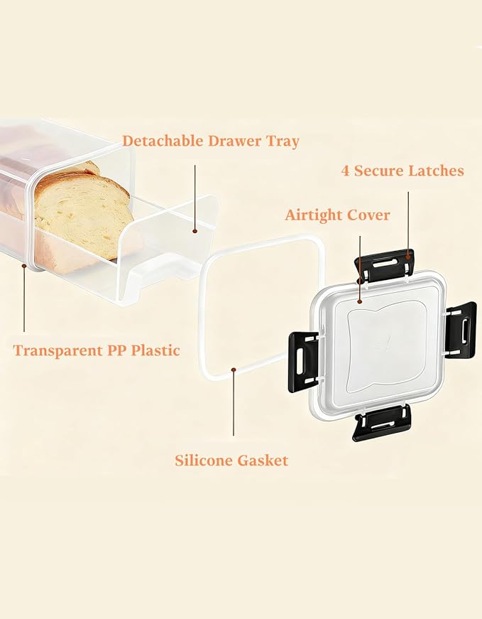 Bread Containers Storage Airtight Loaf - Bread Dispenser Plastic Box with Sealed Lid and Tray Drawer, Homemade Sliced Toast Keeper Air Tight for Kitchen Fridge