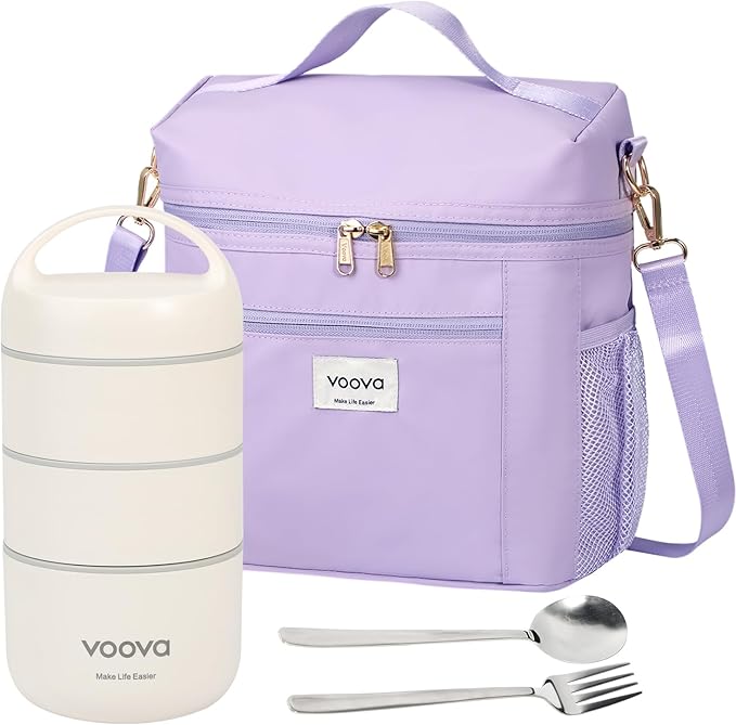 Voova Stackable Stainless Steel Thermal Lunch Box with Lunch Bag and Cultery Set for Adult Women Men, 3 Tier Leakproof & Microwave Safe Insulated Bento Boxes Food Container for Work, Purple