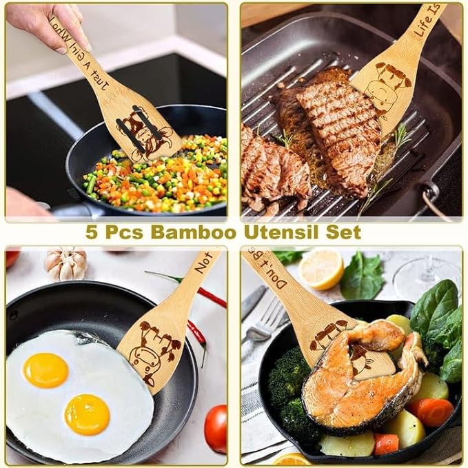 Cow Wooden Spoons for Cooking, Cow Gifts for Women, Cute Cow Kitchen Decor Cow Stuff, Engraved Non-stick Bamboo Cow Kitchen Accessories, Cow Themed Gift for Cow Lovers Mothers Day Gift